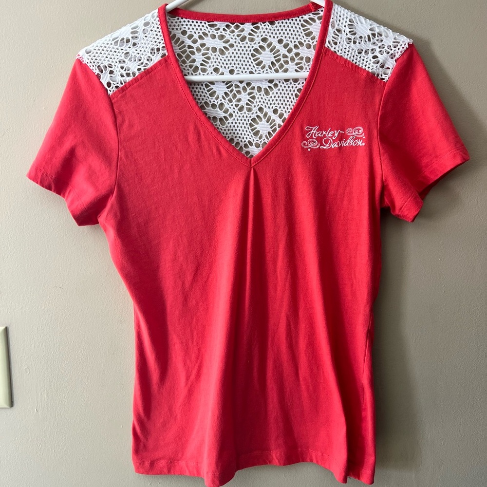 Harley Davidson short sleeve coral colored with crochet lace back accents shirt.
